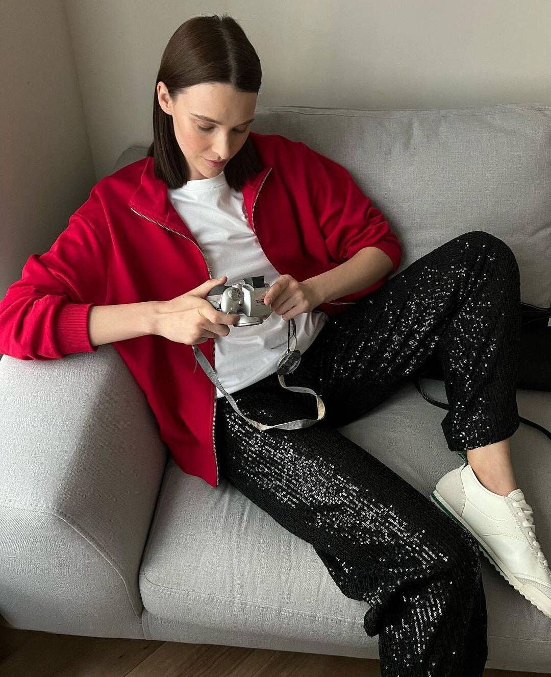 Sweetkama Ladies Solid Glitter Sequin Long Loose Pants: