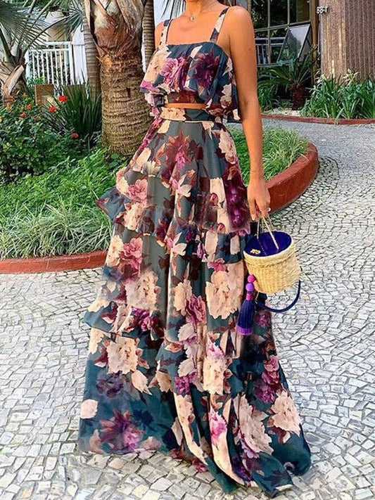 Loose Flower Print Layered Split-Joint Spaghetti-Neck Vest Top +High Waisted Skirts Bottom Two Pieces Set: NAVY BLUE