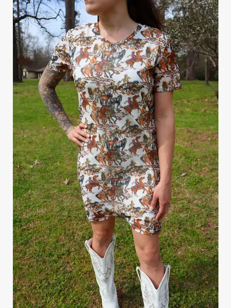 MK380 Buckaroo Short Sleeve Mesh Sheath Dress: Cowboy / L