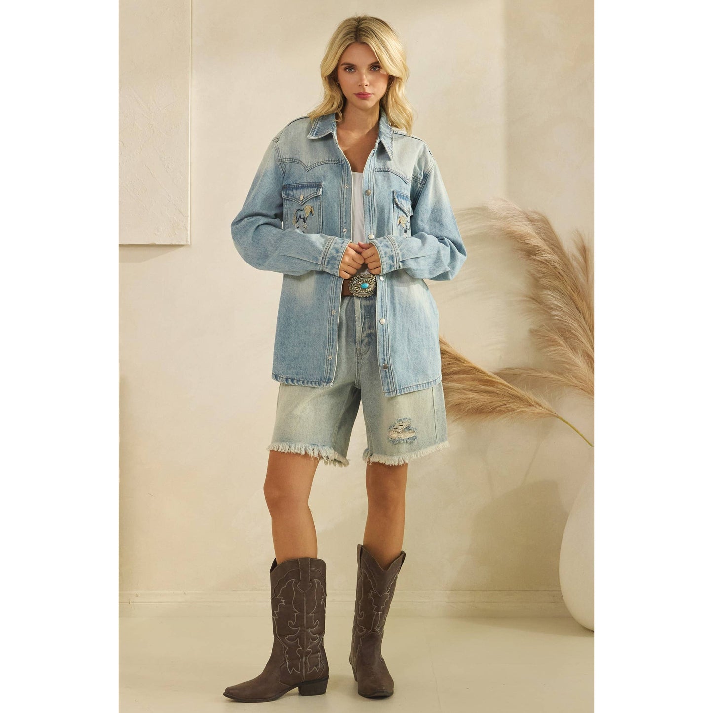 Denim Jacket with Horse Embroidery: Medium Wash