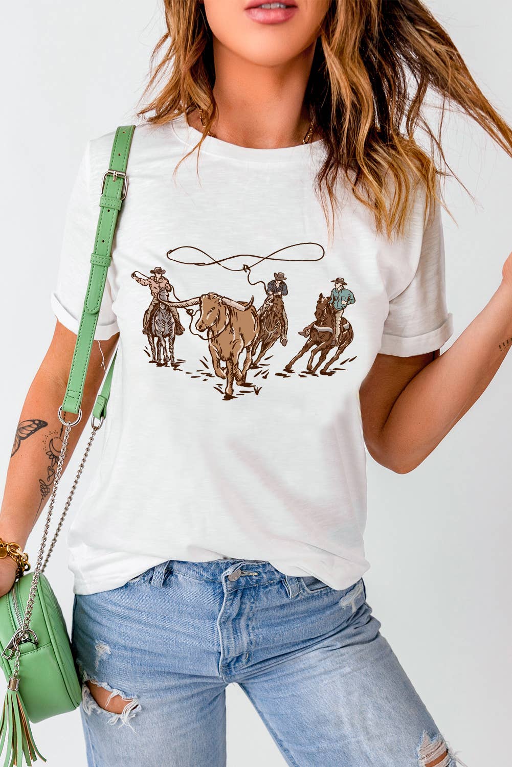 White Retro Cowboy Roping Cotton Blend Graphic Tee: White