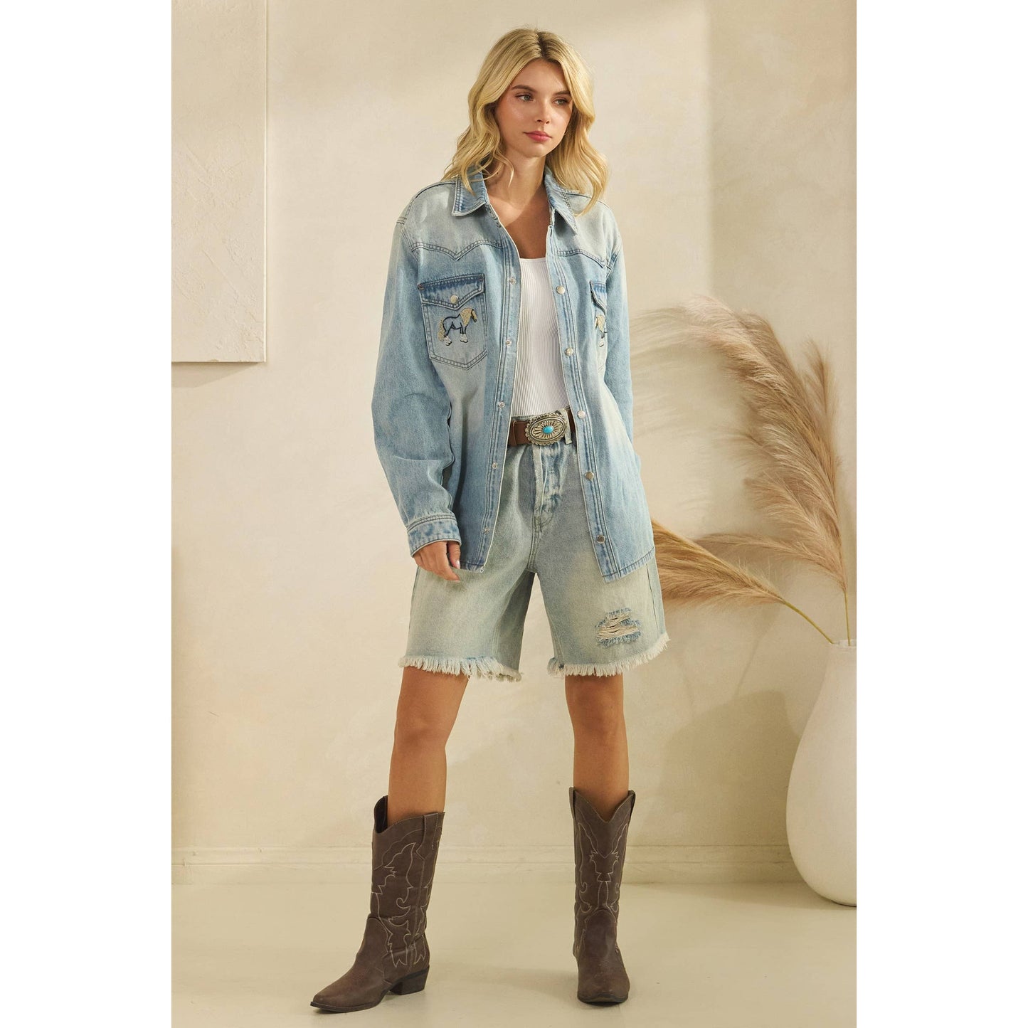 Denim Jacket with Horse Embroidery: Medium Wash
