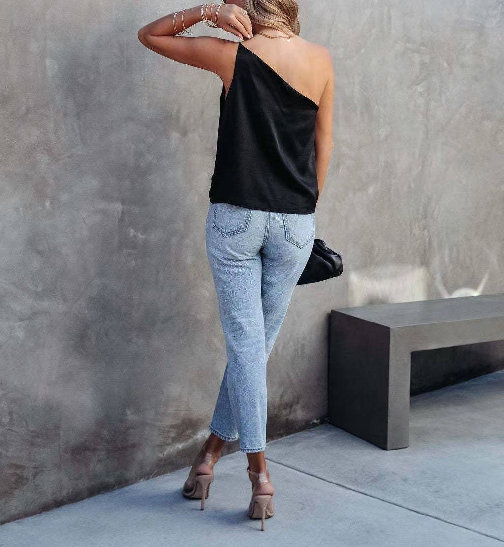 New satin blouses with loose casual slant straps: Black / XL