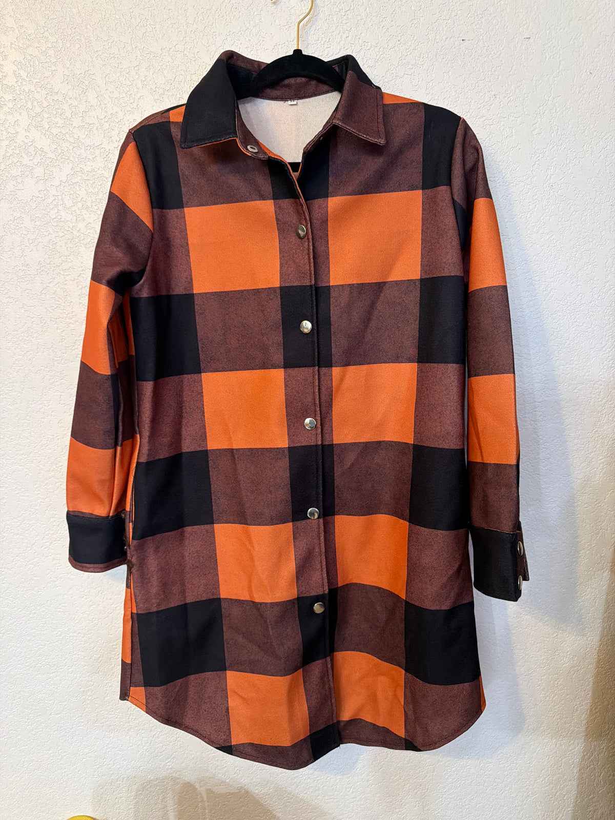orange and black buffalo plaid long-line flannel shirt jacket (shacket)