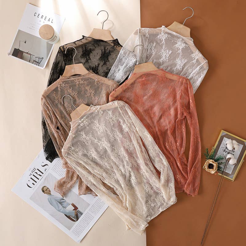 Floral Lace Sheer Mesh Layering see through Top: White
