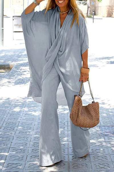 Fold asymmetrical v neck half sleeve two pieces