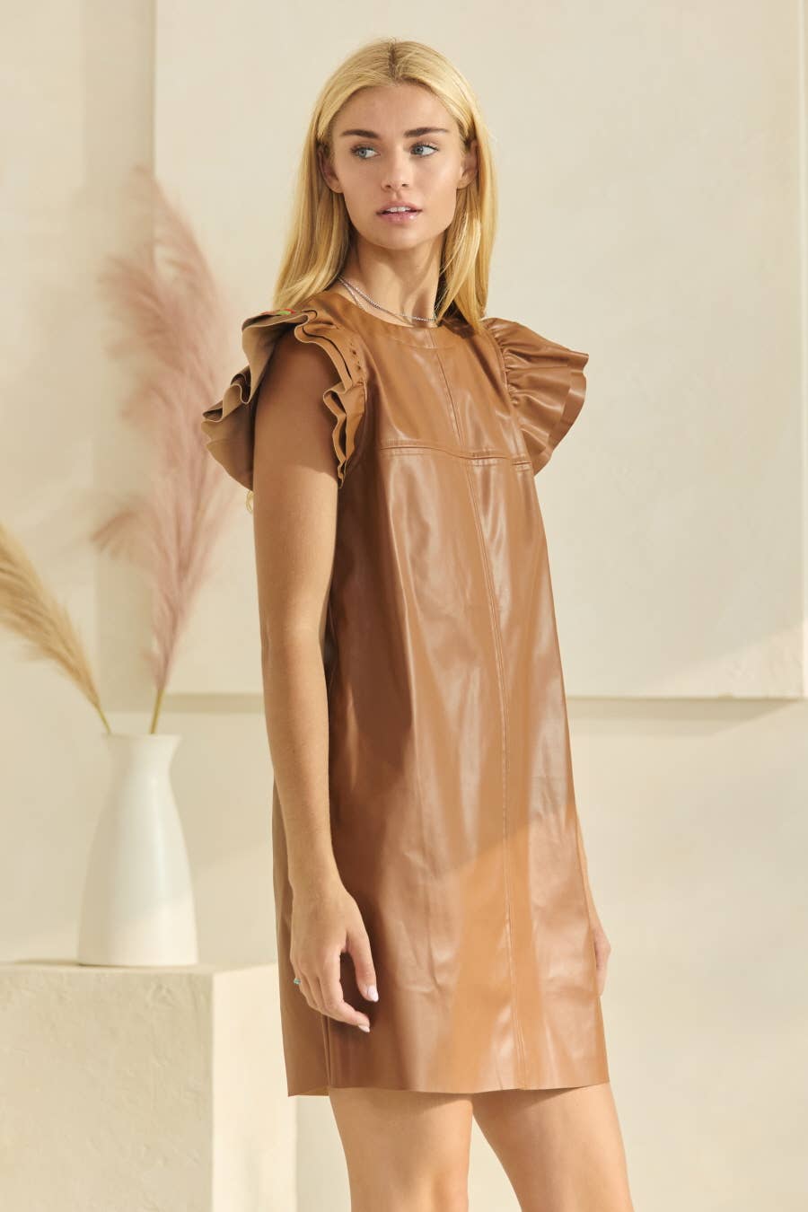 PU Leather Shift Mini Dress: Black /