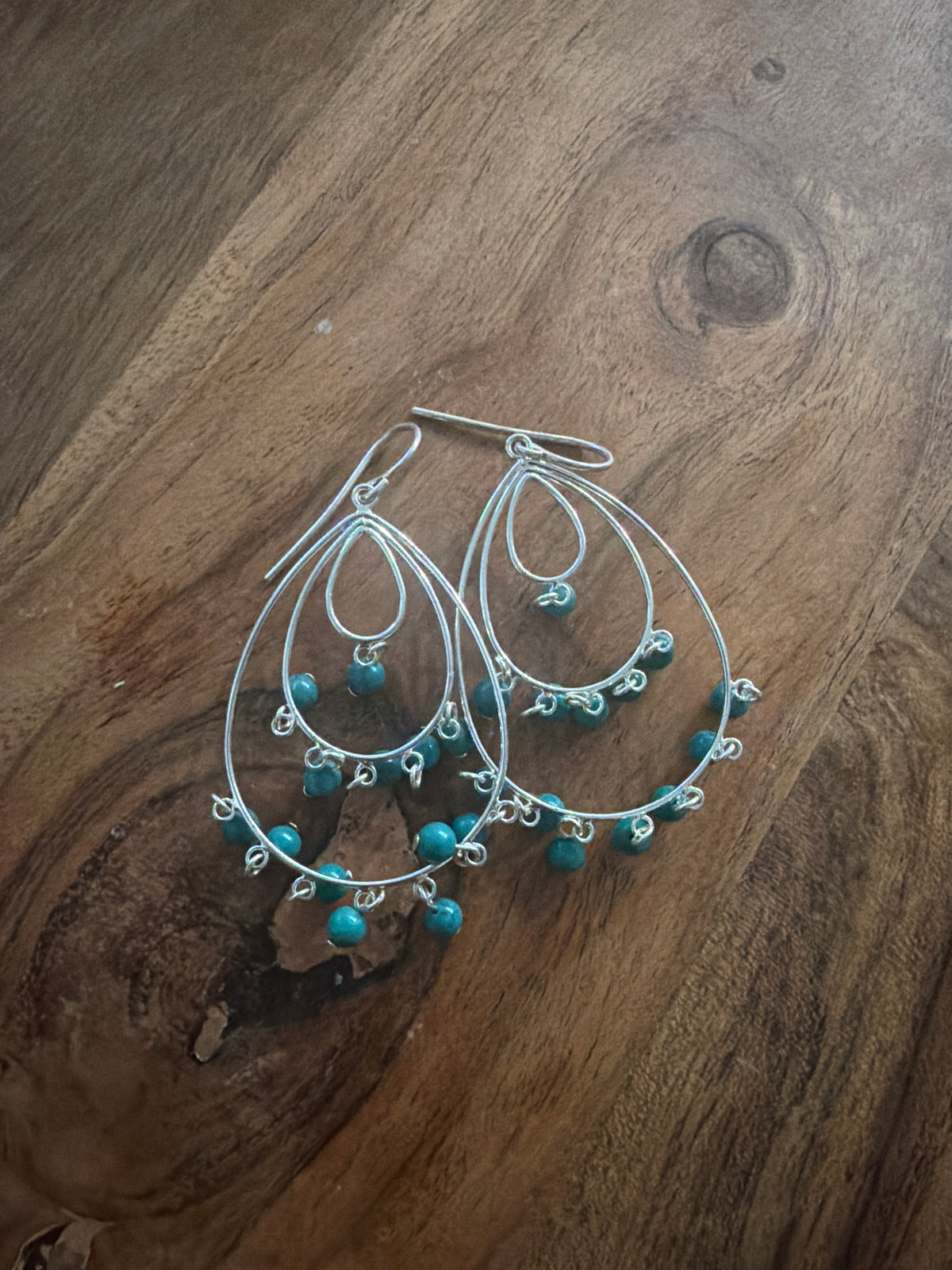 Sterling Silver 925 Teardrop Earrings with Turquoise Bead Dangles Ethnic Style