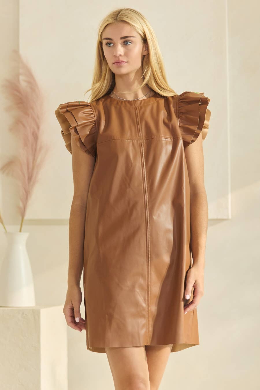 PU Leather Shift Mini Dress: Black /