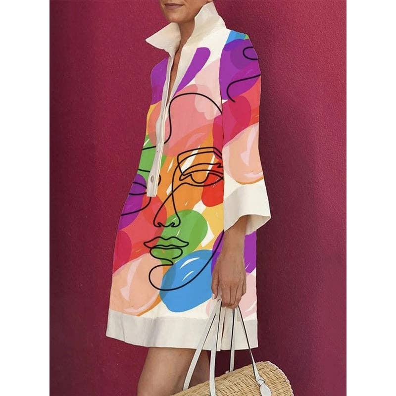 Loose Three-Quarter Sleeves Buttoned Contrast Color Figure Printed Lapel Collar Mini Dresses: COLORFUL / S