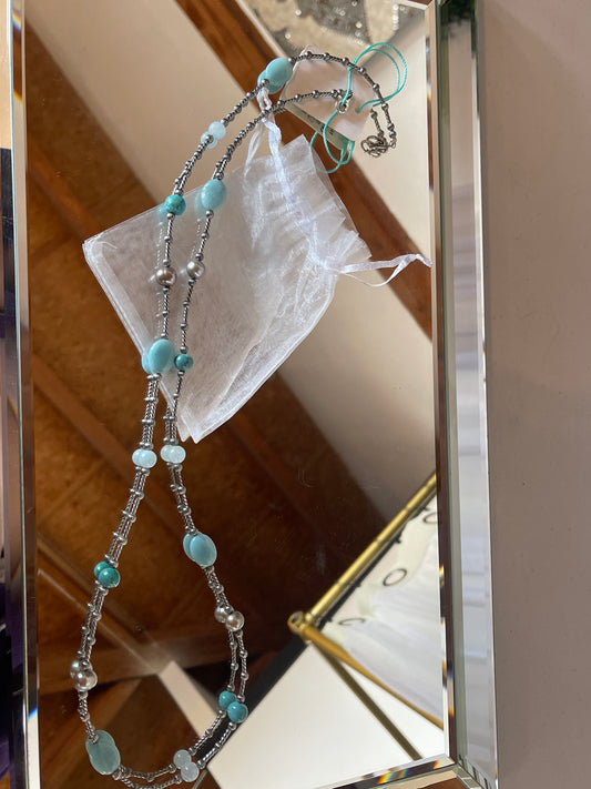 925 SS Aquamarine Pearl Bead Necklace