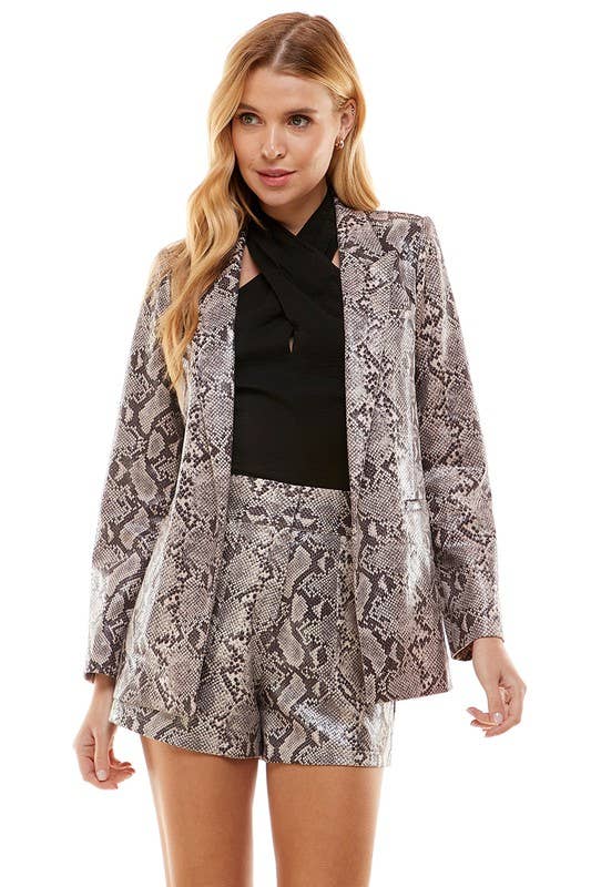 CJ6293-Snake Skin Print Front Open Blazer: GREY