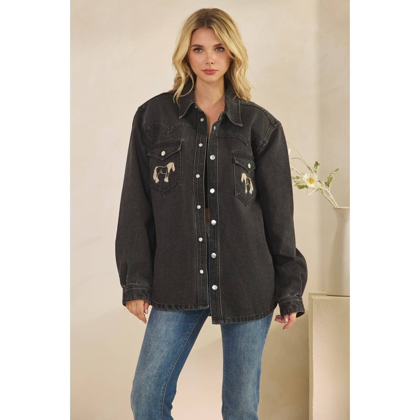 Denim Jacket with Horse Embroidery: Medium Wash