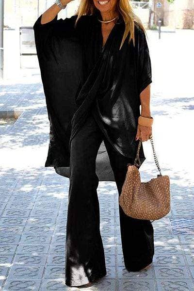 Fold asymmetrical v neck half sleeve two pieces