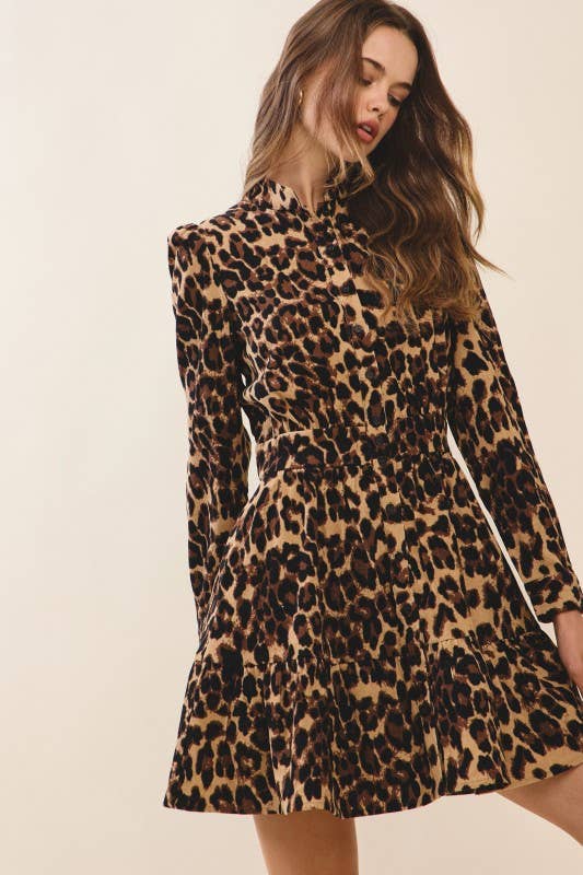 CD05564-Leopard Print Fitted Waist Mini Shirt Dress: Brown