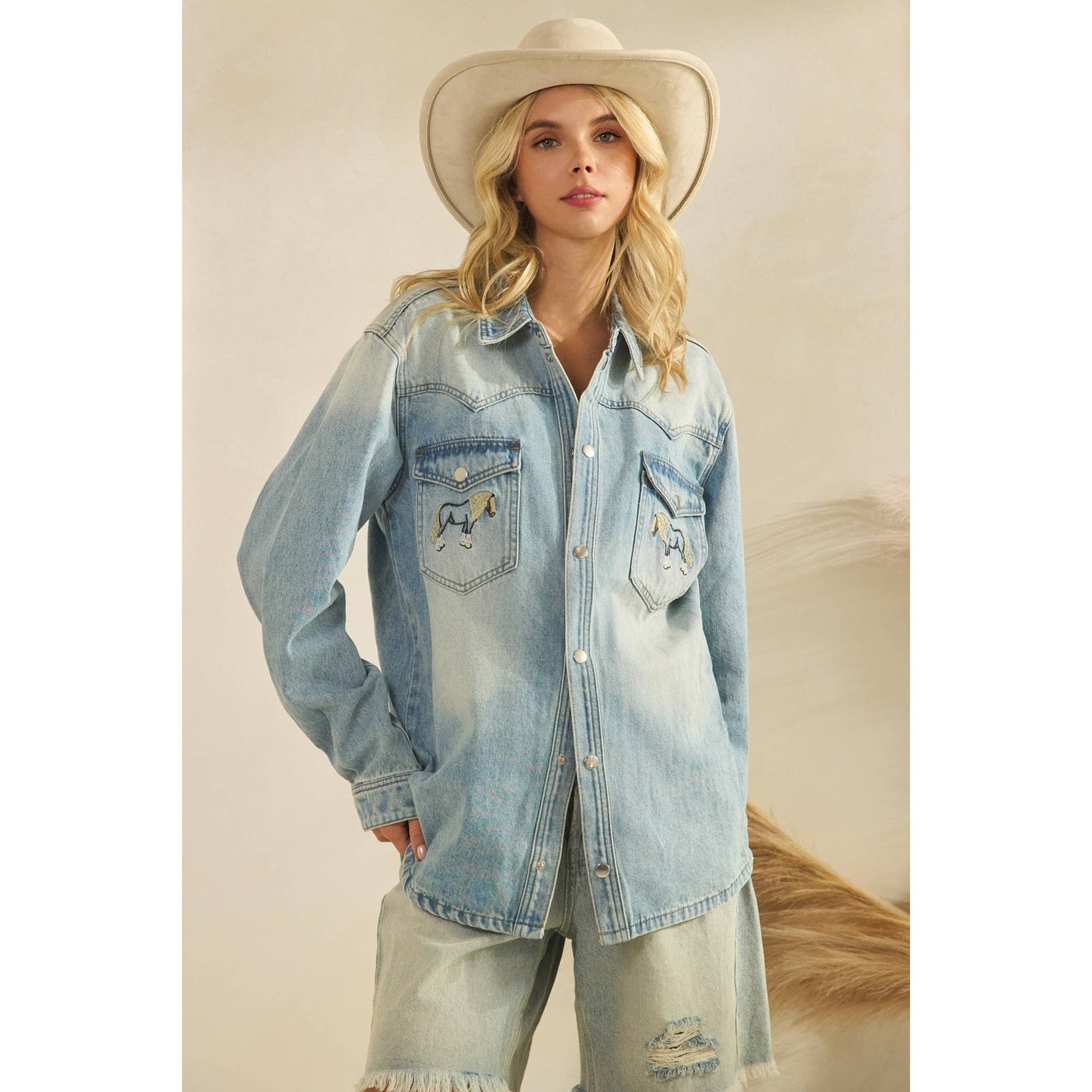 Denim Jacket with Horse Embroidery: Medium Wash