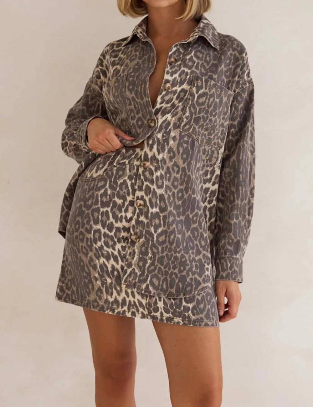 Ladies Leopard Turndown Collar Top & Skirt Denim Set: Leopard