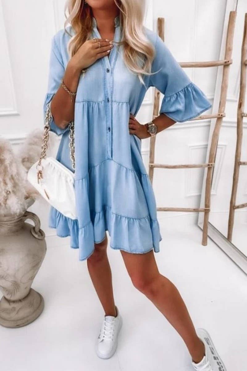 CWDSD6508_V-NECK HALF SLEEVE WASHED DENIM DRESS: LIGHTBLUE
