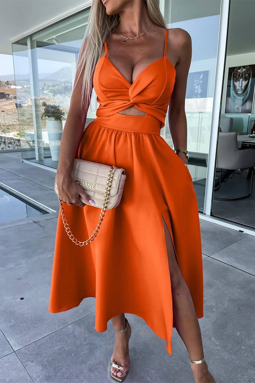 Plunge twist front cutout slit strappy swing cocktail dress: Beige / L