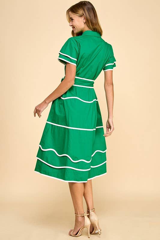CD05231-Contrast Binding Detail Midi Shirt Dress: Green / S