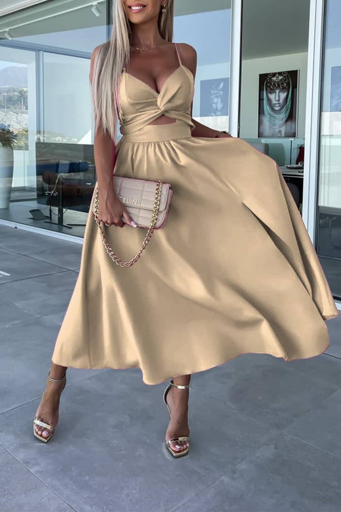 Plunge twist front cutout slit strappy swing cocktail dress: Beige / M