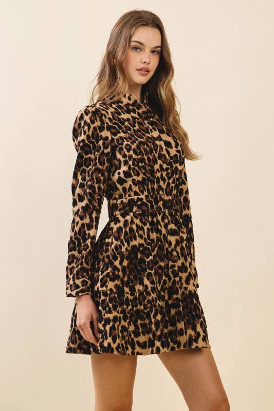 CD05564-Leopard Print Fitted Waist Mini Shirt Dress: Brown