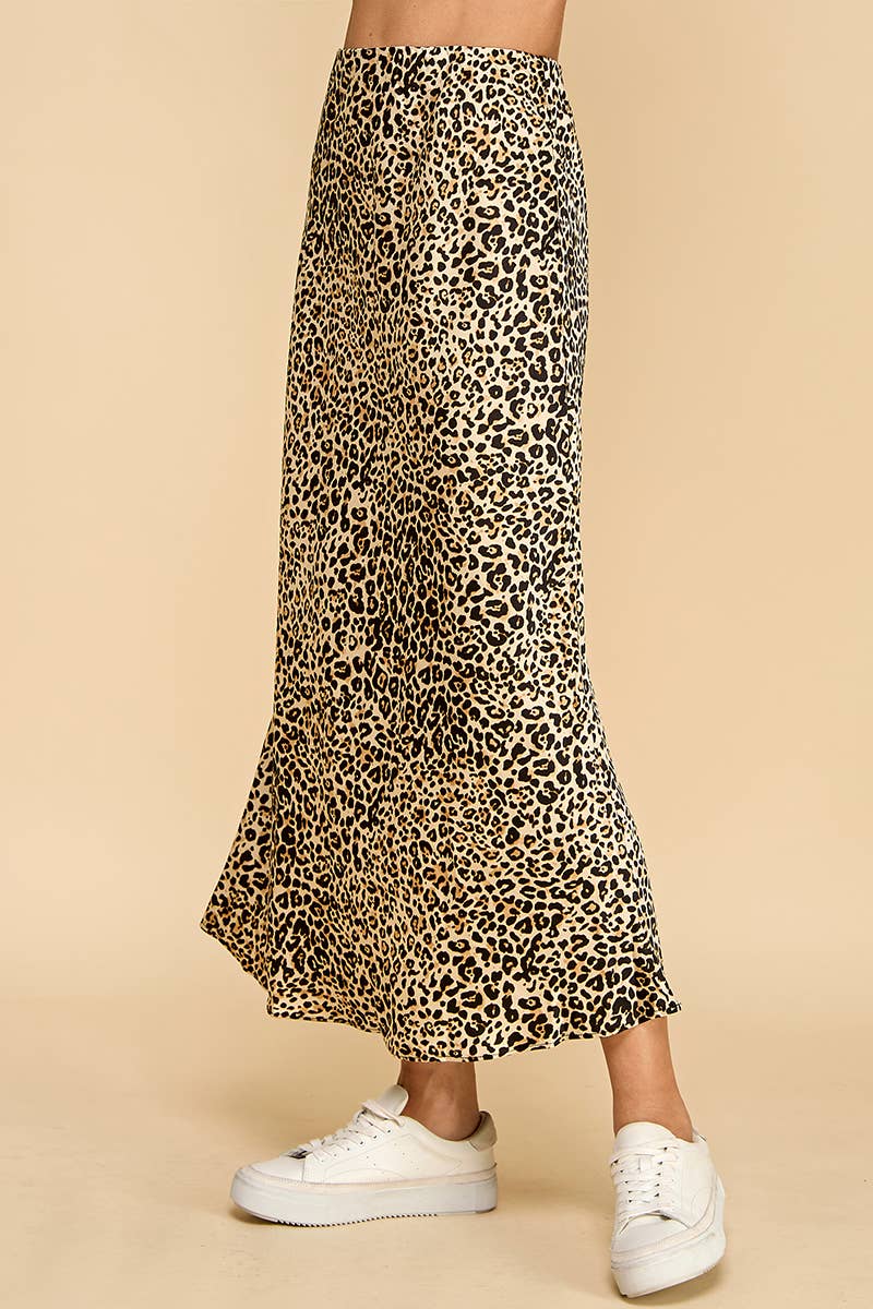 CS3757-Animal Print Waistband full length Skirt: Brown / M