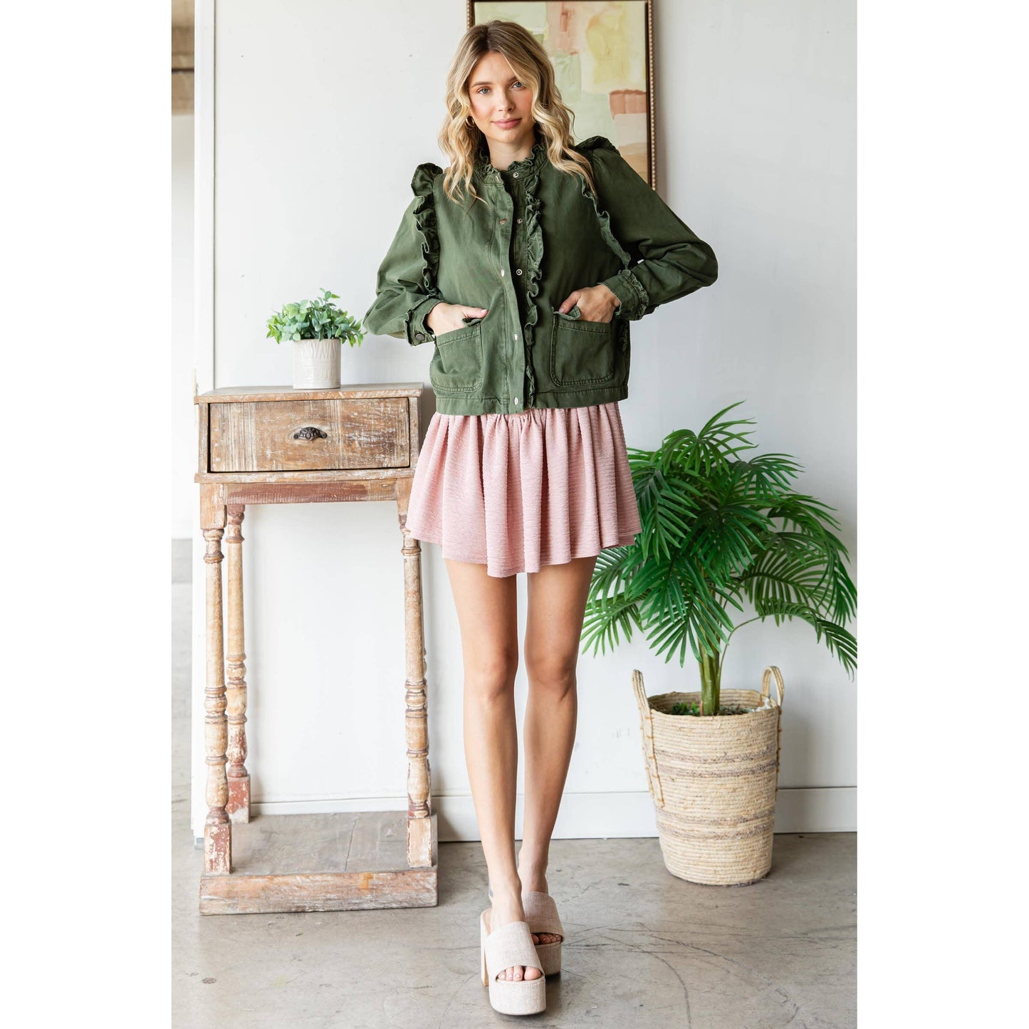 Ruffle Detail Jacket: Olive