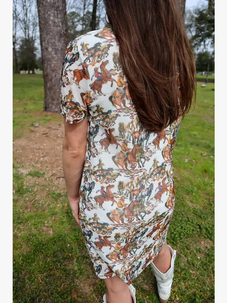 MK380 Buckaroo Short Sleeve Mesh Sheath Dress: Cowboy / S