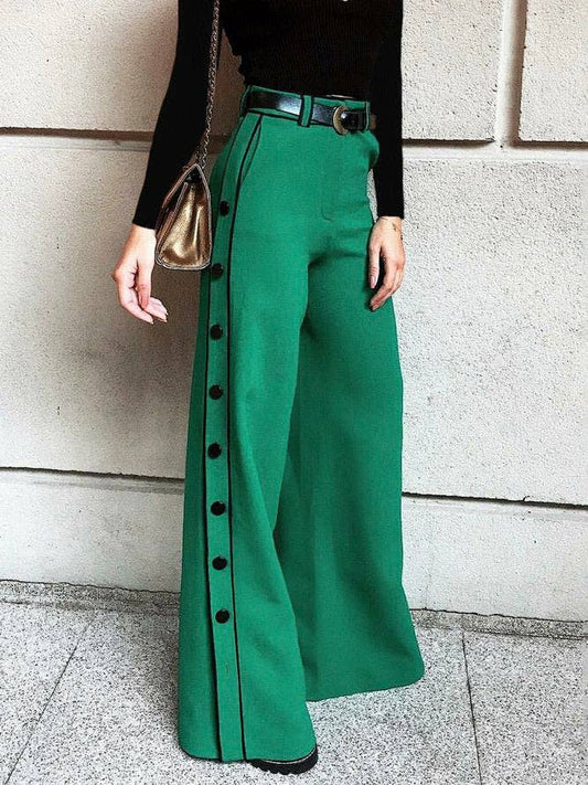 Urban Wide Leg H-Line Solid Color Pants: GREEN / XL