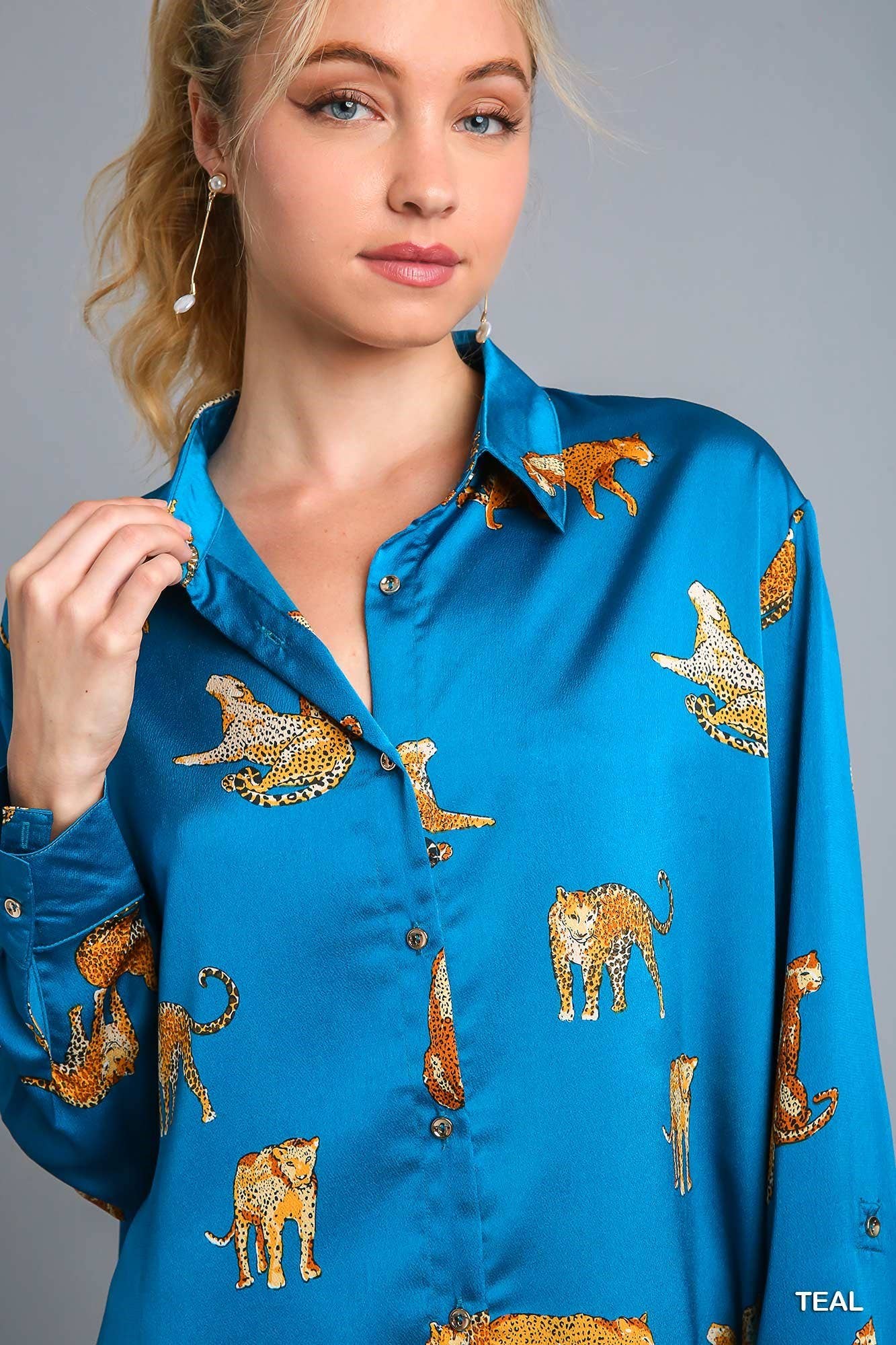 Satin Animal Print Button Down Blouse: Beige