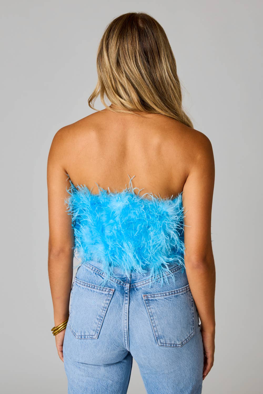 Fancy Azure Blue Strapless Feather Top: