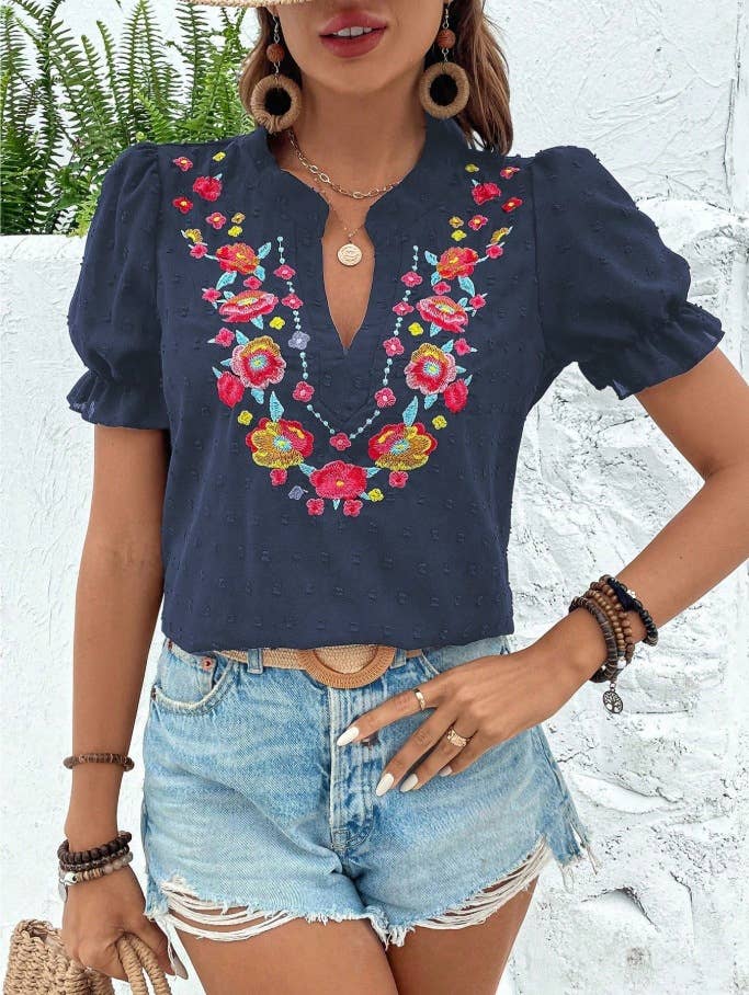 Boho Embroidered Floral Ruffle Top: NavyBlue
