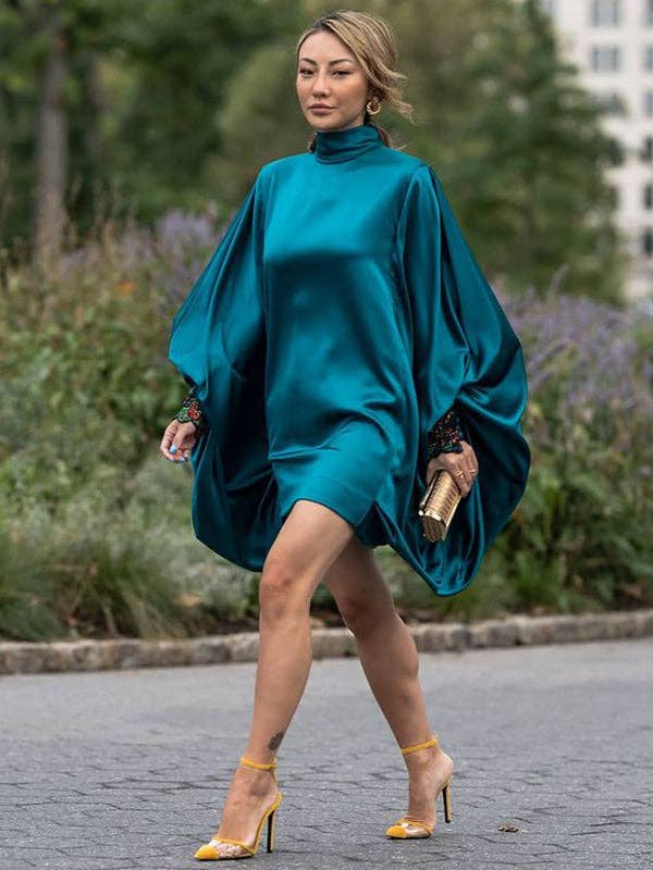 Loose Batwing Button Mini Night Out Dress: PEACOCK BLUE