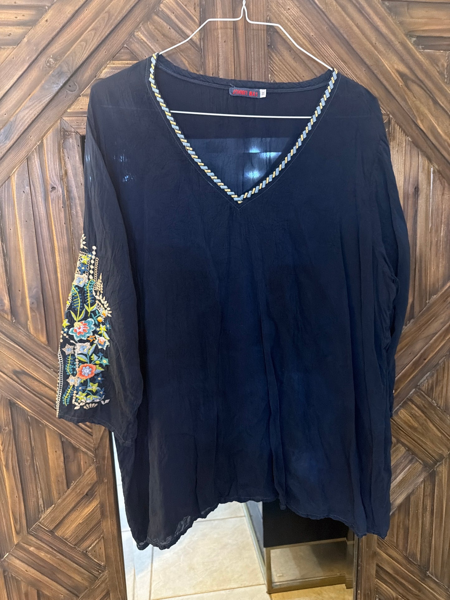 Johnny Was tunic featuring vibrant floral embroidery