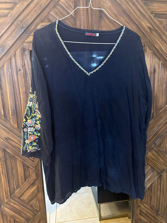 Johnny Was tunic featuring vibrant floral embroidery