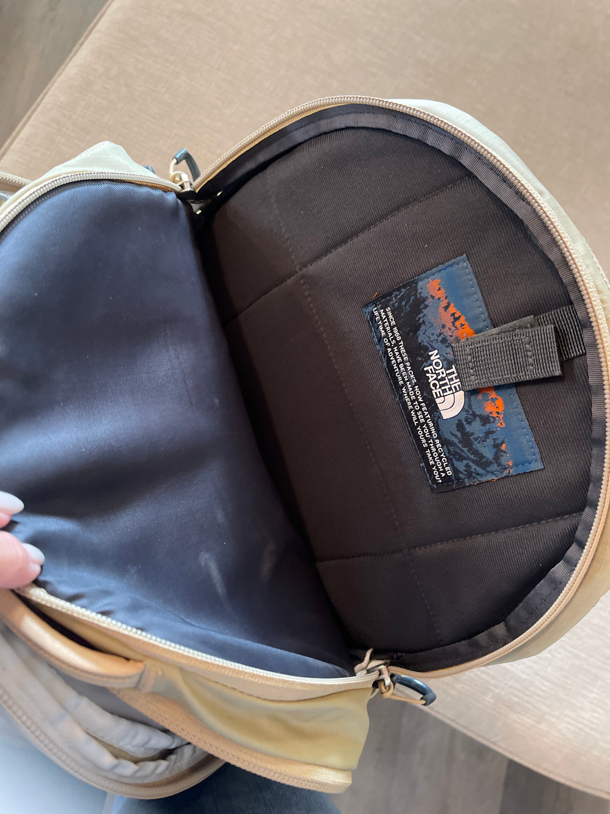 The North Face Borealis Backpack in the Khaki Stone colorway.