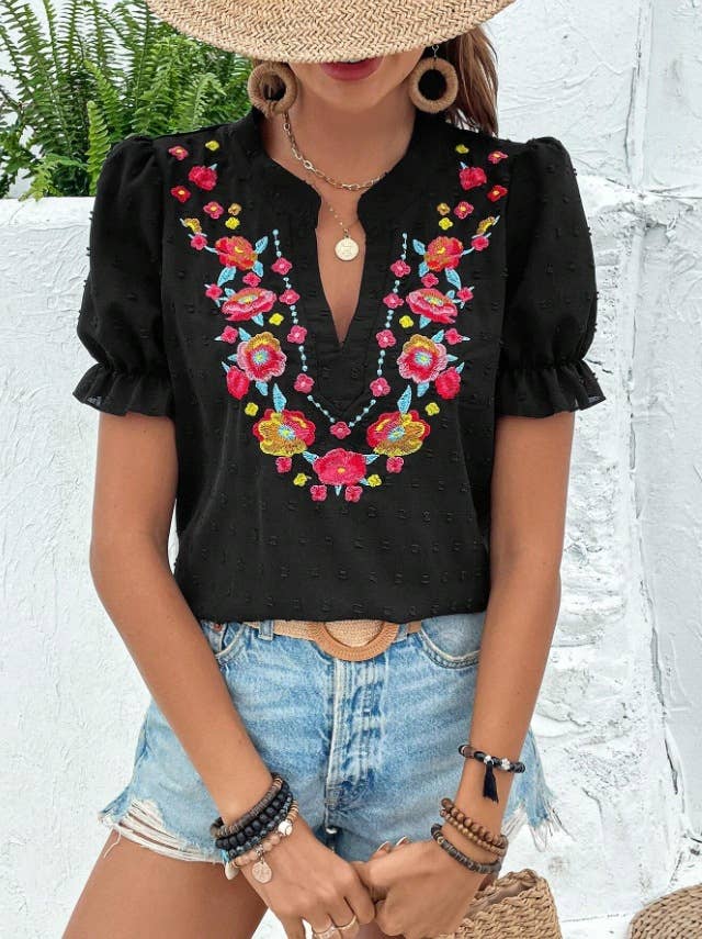 Boho Embroidered Floral Ruffle Top: NavyBlue