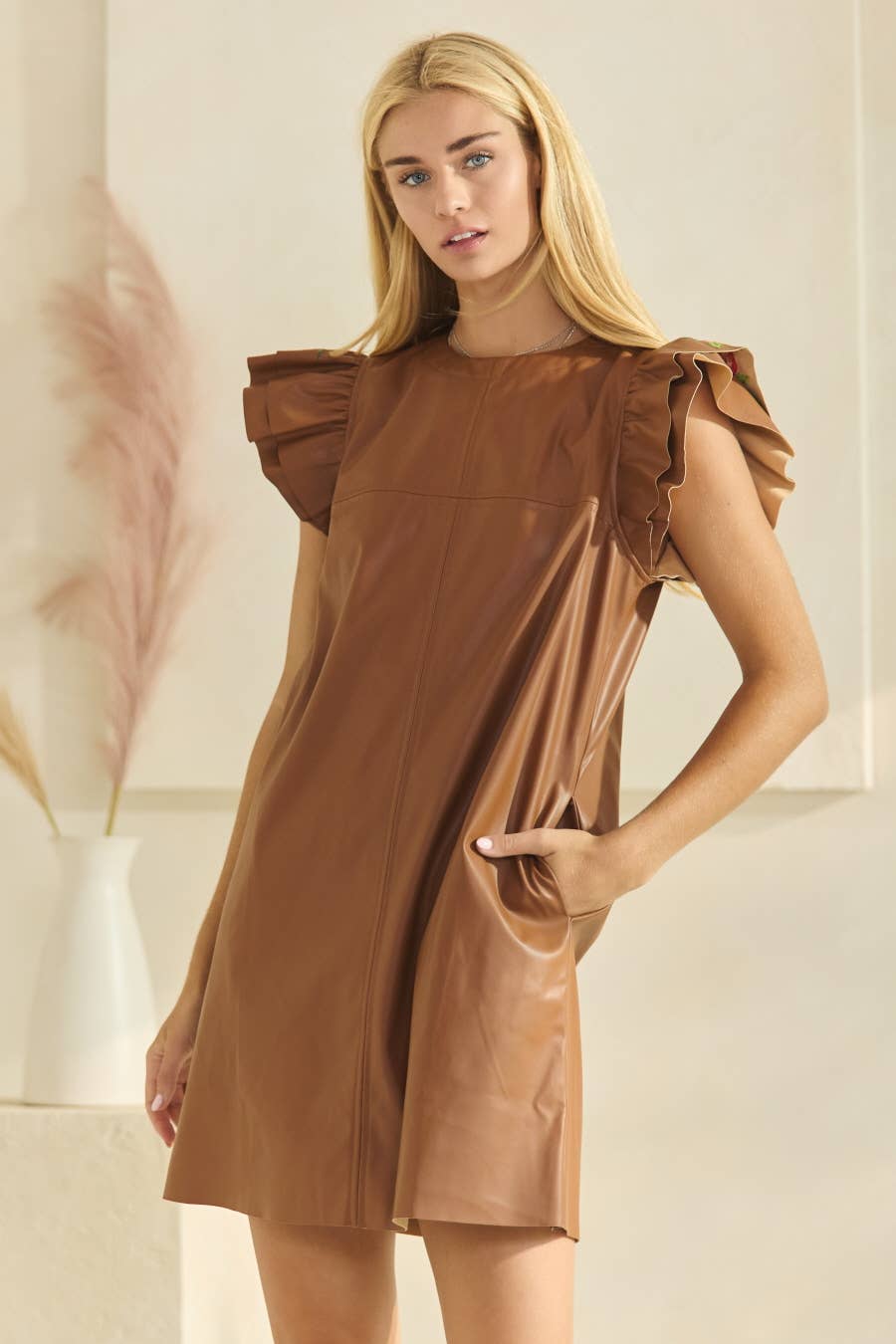PU Leather Shift Mini Dress: Black /