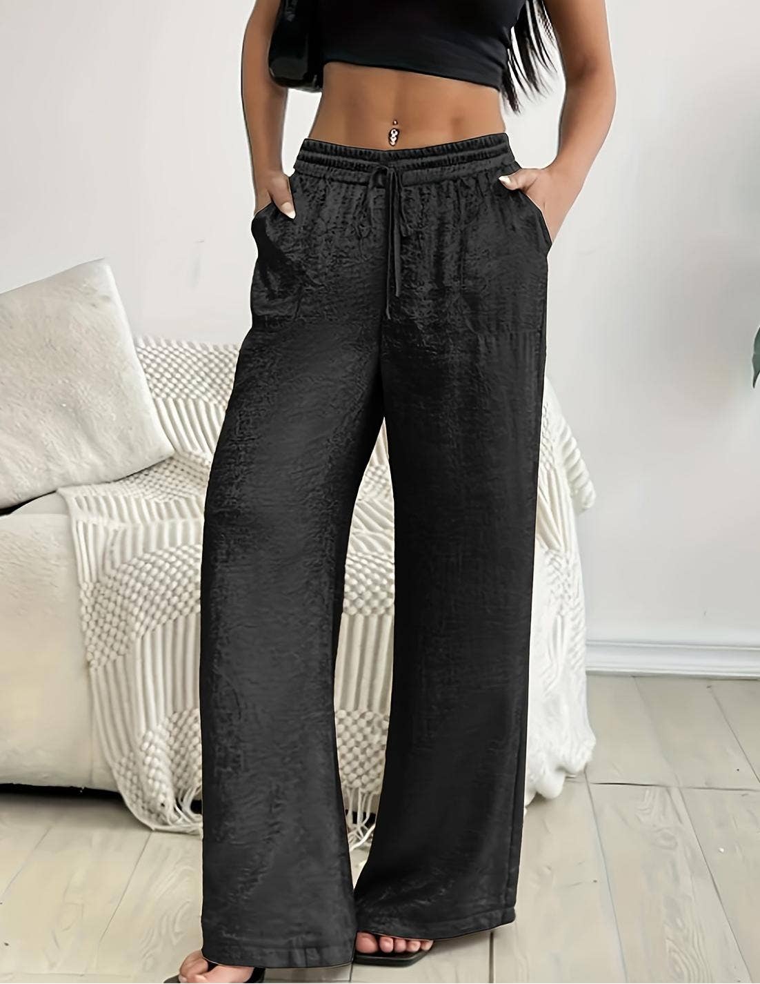 Drawstring bronzing trousers metallic wide-leg pants: Golden / M