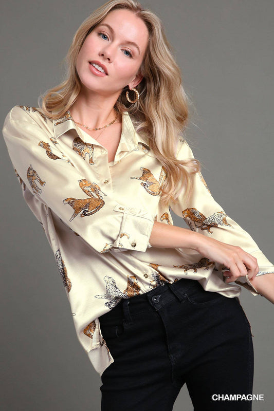 Satin Animal Print Button Down Blouse: Beige
