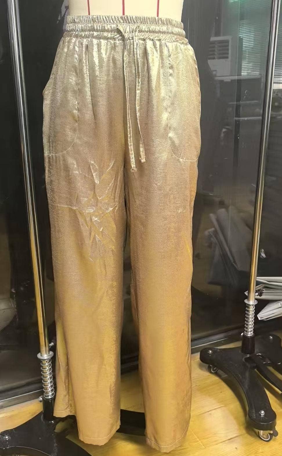 Drawstring bronzing trousers metallic wide-leg pants: Golden / M
