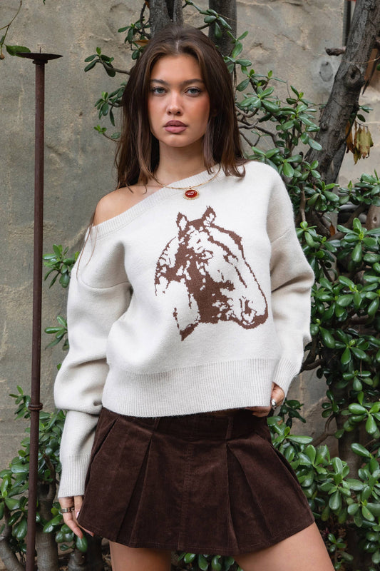 BRIDLEWOOD Wide Neck Intarsia Horse Knit Relaxed Sweater: Oatmeal