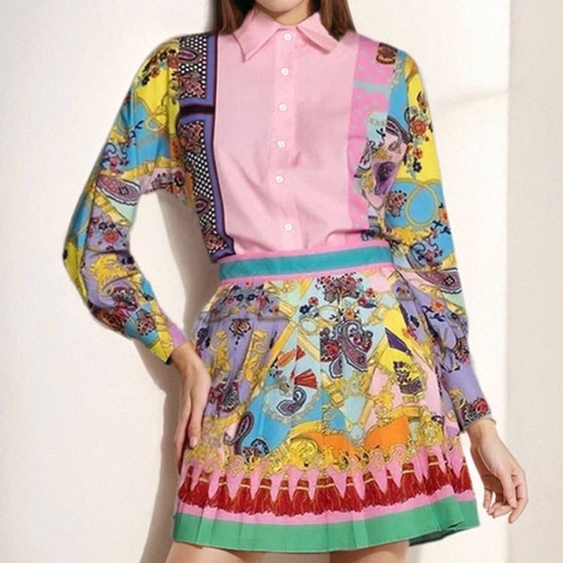 Long Sleeve Shirt And Pleated Skirt Set: PINK