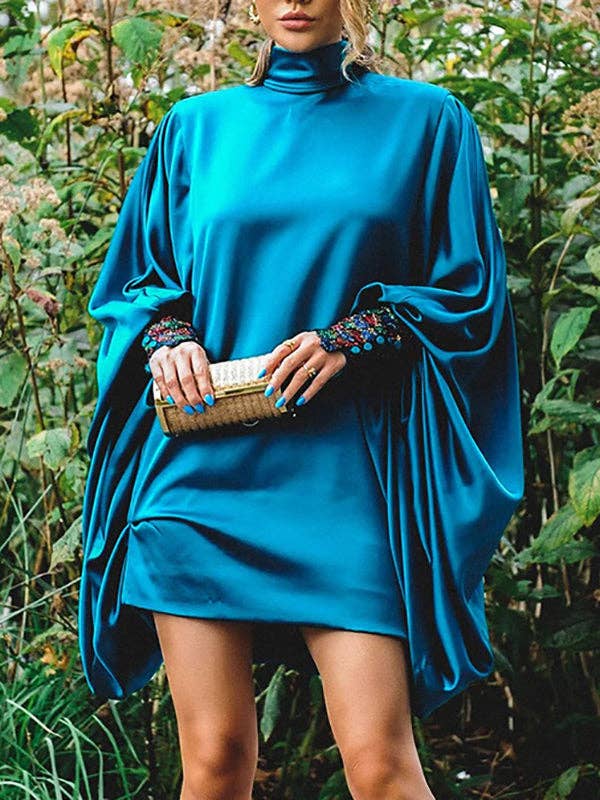 Loose Batwing Button Mini Night Out Dress: PEACOCK BLUE