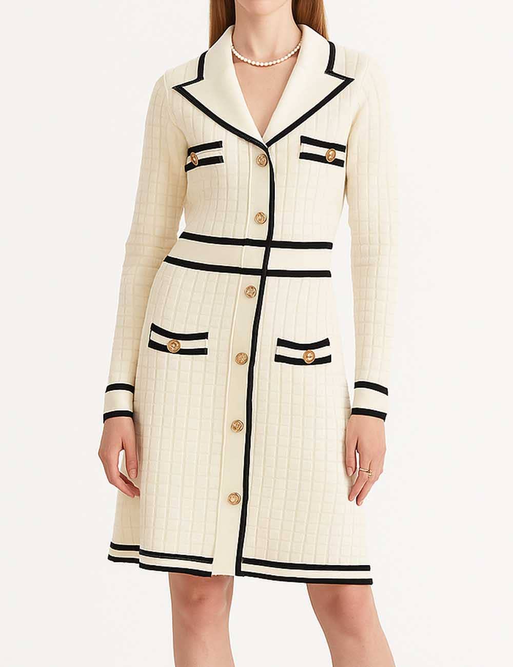 Ladies Color Block V-Neck Long Sleeves Knit Midi Dress: Apricot