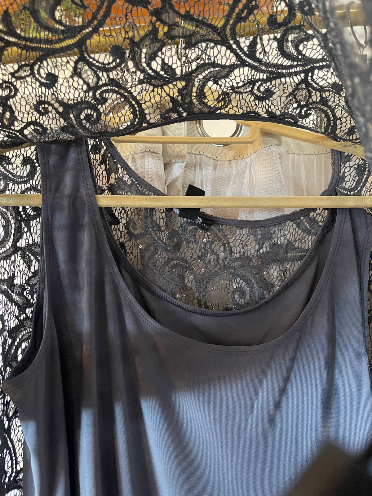 R&M Richard’s Gray Sequin Top Silver Paisley Design