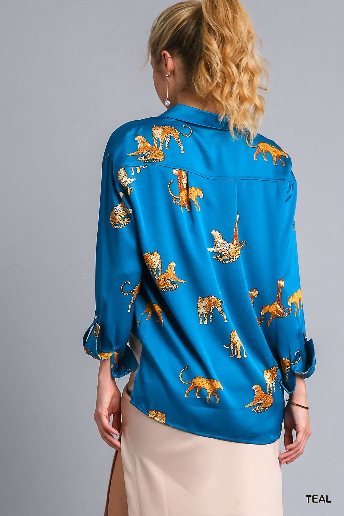 Satin Animal Print Button Down Blouse: Beige