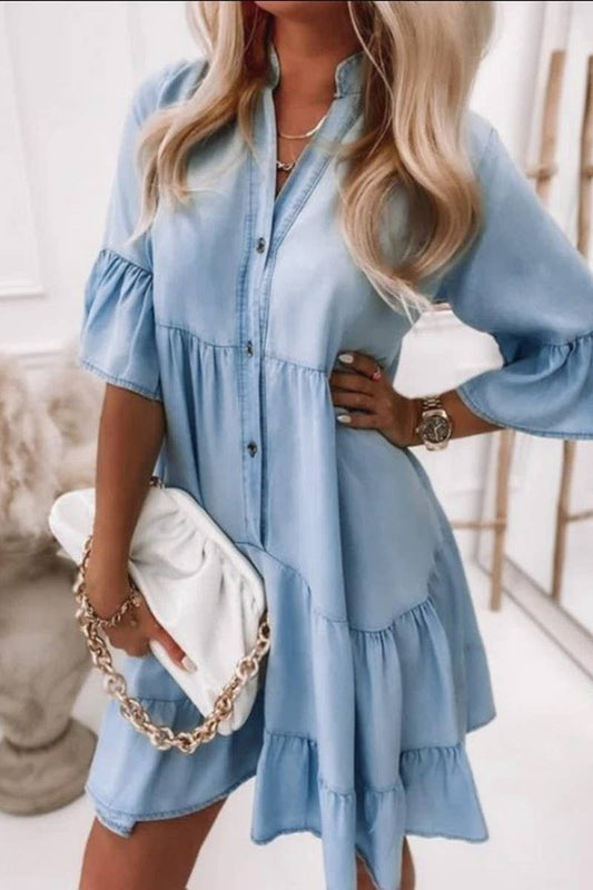 CWDSD6508_V-NECK HALF SLEEVE WASHED DENIM DRESS: LIGHTBLUE