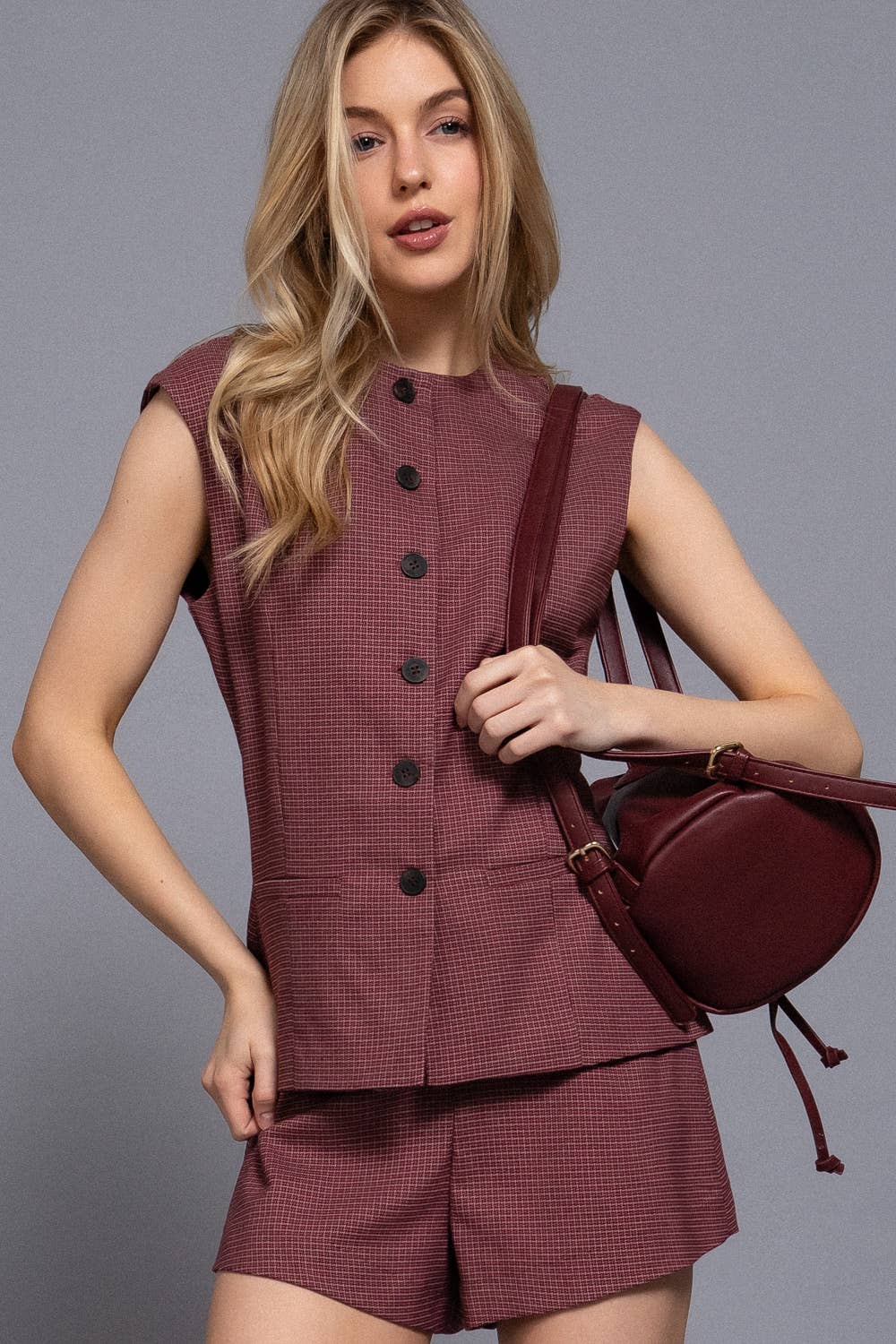 Sleeveless  Crew Neck Front Button Down Checked Vest: TPE-taupe